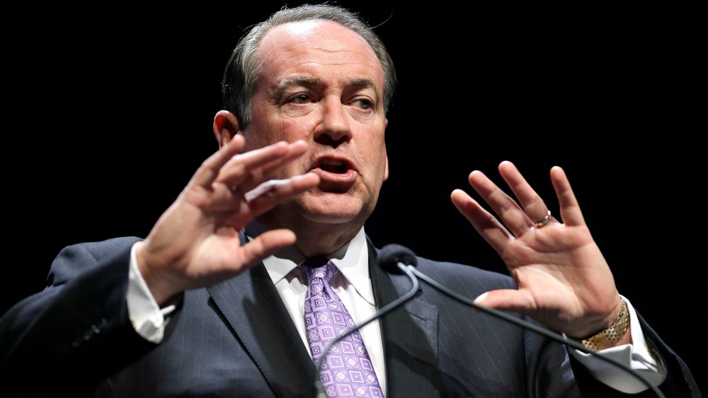 This Aug. 9, 2014, file photo shows Former Arkansas Gov. Mike Huckabee as he speaks during an event in Ames, Iowa. (Photo by Charlie Neibergall/AP)