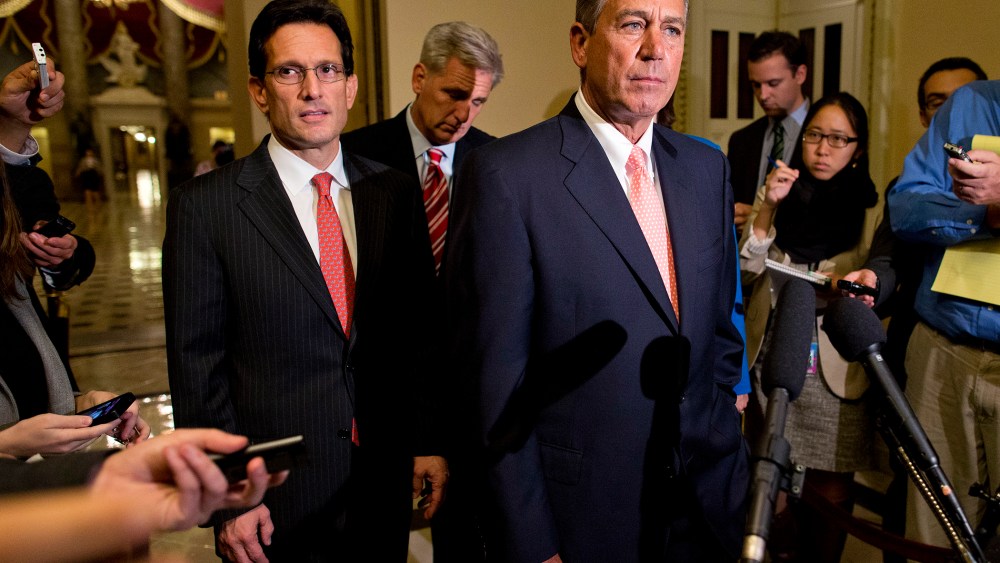 House Majority Leader Rep. Eric Cantor, R-Va., left, looks on as Speaker of the House Rep. John Boehner, R-Ohio, pauses during a news conference on Capitol Hill on Oct. 1, 2013 in Washington.