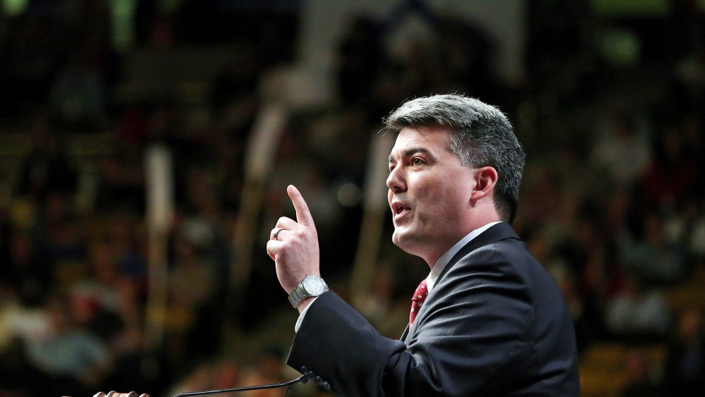 Rep. Cory Gardner delivers a speech to Republican delegates at the state GOP Congress, in Boulder, Colo., April 12, 2014.