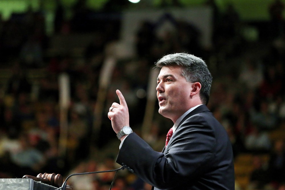 Rep. Cory Gardner delivers a speech to Republican delegates at the state GOP Congress, in Boulder, Colo., April 12, 2014.