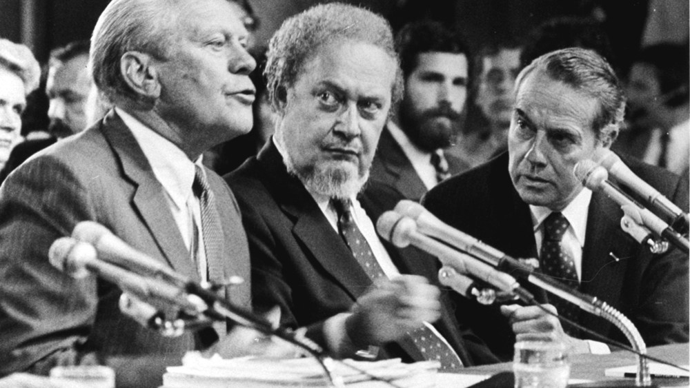 In this Sep. 15, 1987 photo, former President Gerald Ford, left, introduces Supreme Court Associate Justice nominee Robert Bork, as the Senate Judiciary Committee began confirmation hearings on the nomination on Capitol Hill. (Photo by Charles Tasnadi/AP)