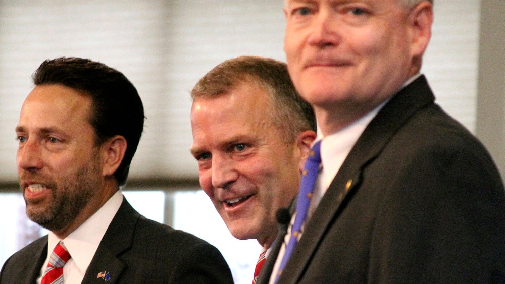 From left, U.S. Senate Republican candidates Joe Miller, Dan Sullivan and Lt. Gov. Mead Treadwell take part in a debate in Eagle River, Alaska, Monday, Aug. 4, 2014.