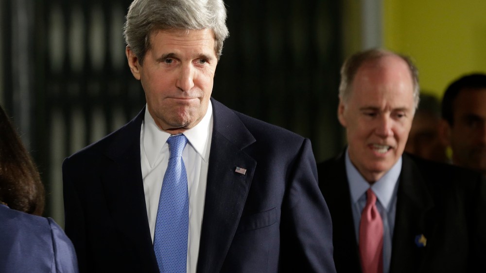 Secretary of State John Kerry, left, followed by National Security Advisor Tom Donilon, arrives for the joint news conference between President Barack Obama and Israeli Prime Minister Benjamin Netanyahu in Jerusalem, Israel,Wednesday, March 20, 2013. ...