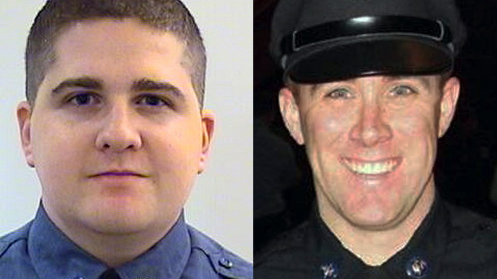 The digital composite shows: (L) This undated photo provided by the Middlesex District Attorney's Office shows MIT Police Officer Sean Collier, 26, of Somerville, Mass.,. (Photo by AP Photo/Middlesex District Attorney's Office) (R) This undated photo...