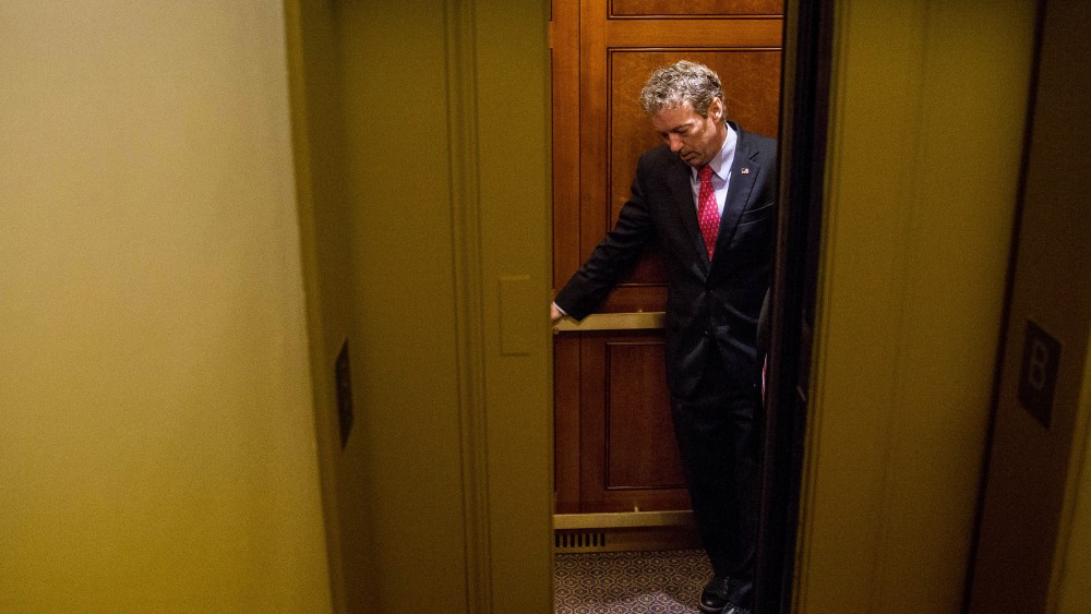 Republican presidential candidate, Sen. Rand Paul, in an elevator after speaking at a news conference on Capitol Hill in Washington, June 2, 2015, calling for the 28 classified pages of the 9-11 report to be declassified. (Photo by Andrew Harnik/AP)