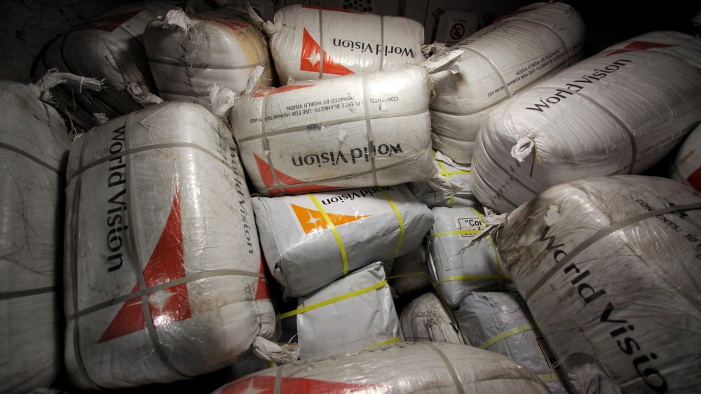 Aid packages labled 'World Vision' for the victims of Typhoon 'Haiyan' in the Philippines at Frankfurt International Airport in Frankfurt am Main, Germany, on Nov. 10, 2013.