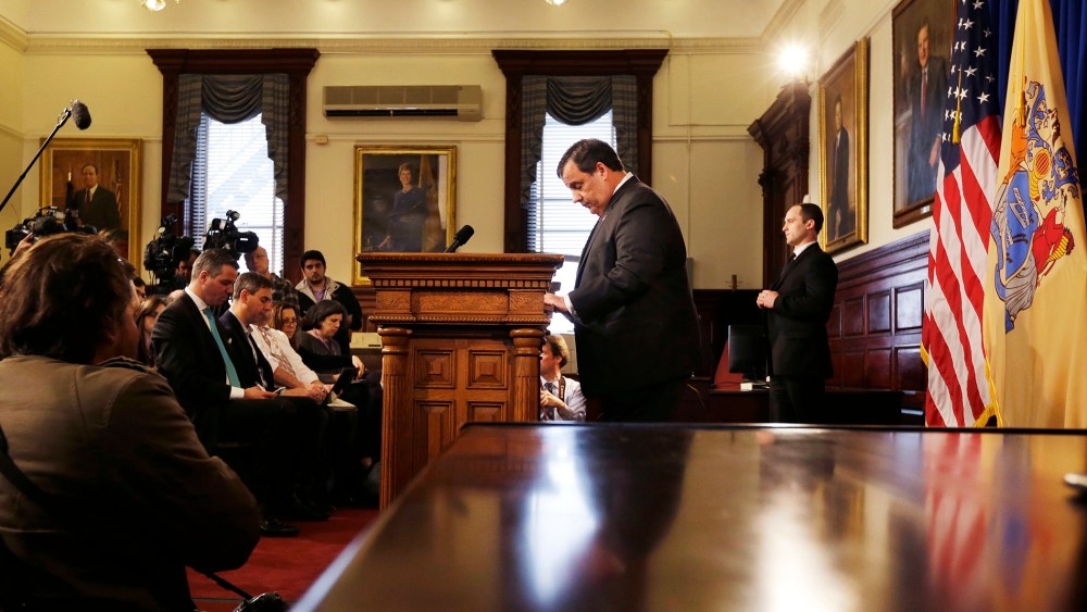 New Jersey Gov. Chris Christie pauses before he answers a question during a news conference about the lane closures near the George Washington Bridge, March 28, 2014, in Trenton, N.J.