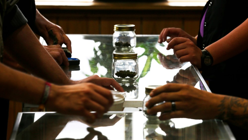 Customers and sales clerks pass jars back and forth as they discuss different strains of recreational marijuana, July 8, 2014, in Bellingham, Wash.