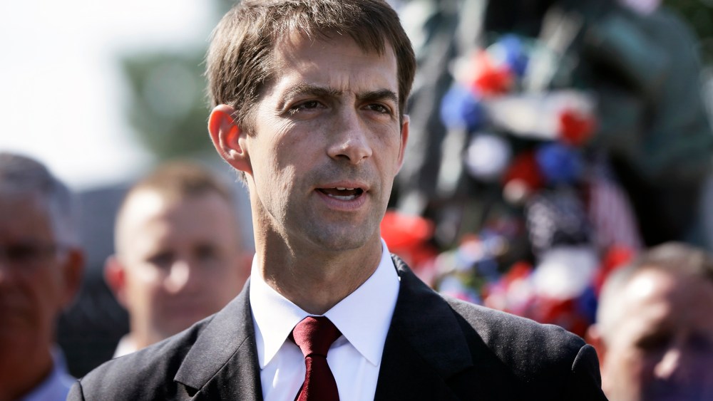 In this file photo taken July 26, 2014, U.S. Rep. and Republican candidate for U.S. Senate Tom Cotton speaks at a campaign event in Little Rock, Ark. (Photo by Danny Johnston/AP)