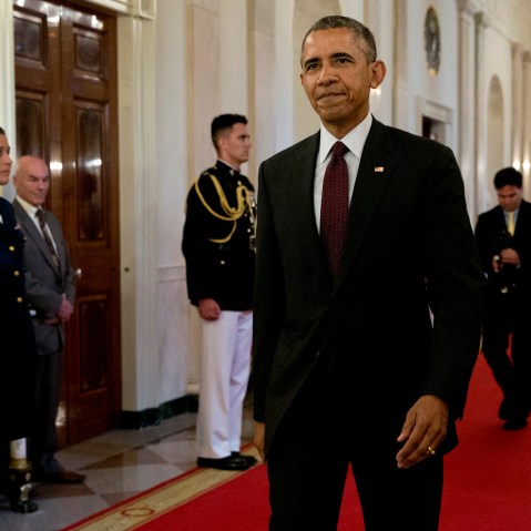 President Barack Obama arrives in the East Room of the White House in Washington, June 2, 2015. (Photo by Carolyn Kaster/AP)