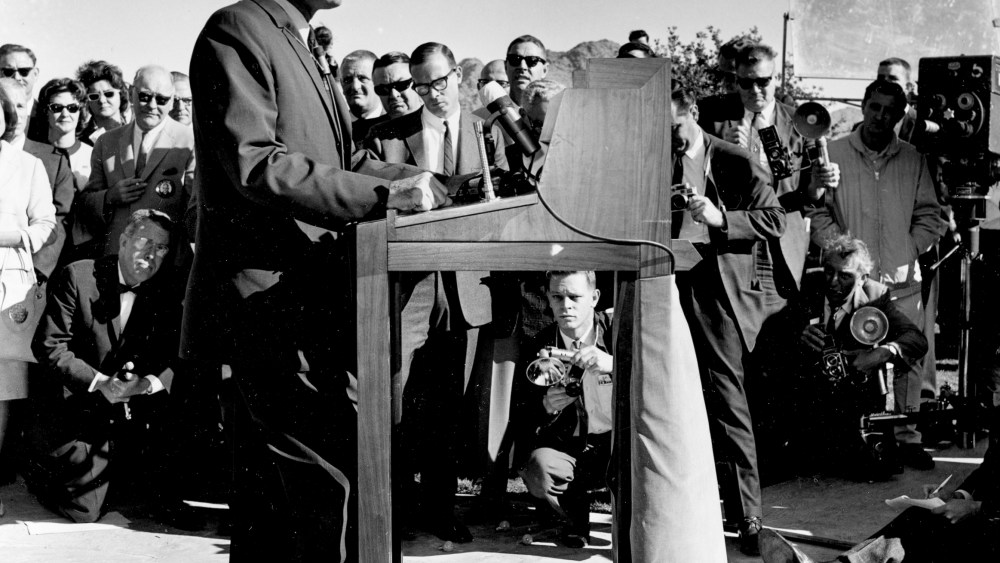 Arizona Republican Sen. Barry M. Goldwater announces his candidacy for the U.S. presidency in Phoenix, Ariz., Jan. 3, 1964.  The senator is wearing a cast on his right foot.  (AP Photo)
