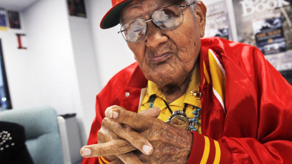 Navajo Code Talker Chester Nez waits backstage for a speaking engagement at the Henderson Fine Arts Center at San Juan College in Farmington, N.M., Nov. 1, 2012.