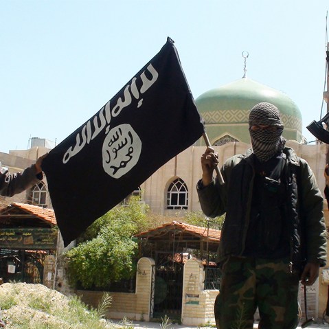 A photo posted online on April 7, 2015 shows ISIS or "Islamic State" group militants posing in Yarmouk (Yarmuk) Palestinian camp, located in a suburb of Damascus, Syria, that is partially now under their control. (Photo by Balkis Press/Sipa USA/AP)