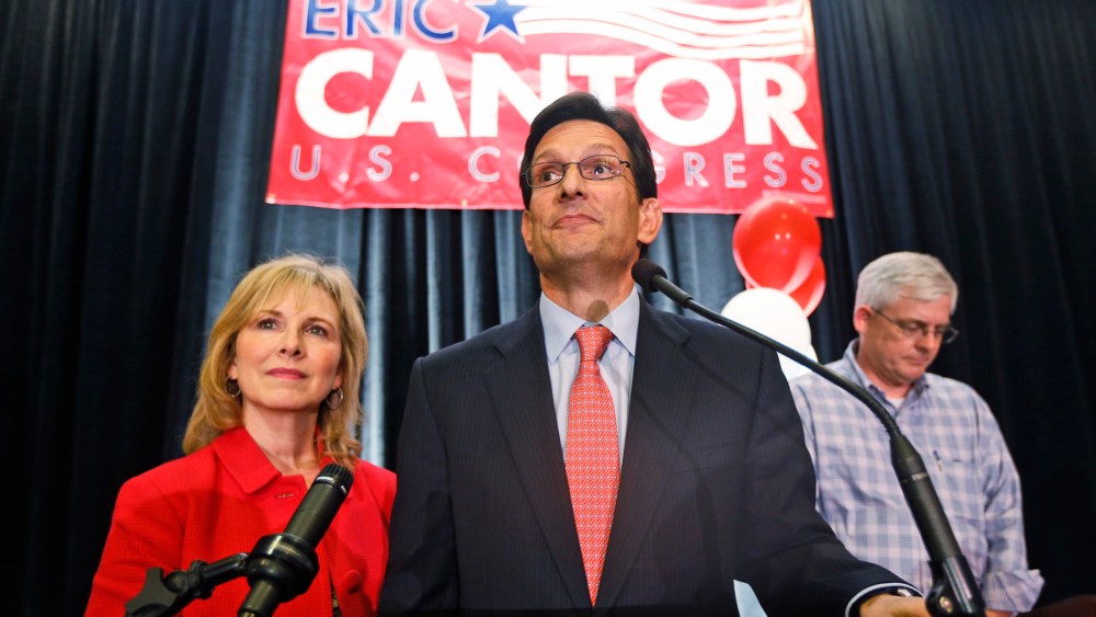 House Majority Leader Eric Cantor, R-Va., delivers his concession speech as his wife, Diana, listens in Richmond, Va., Tuesday, June 10, 2014.