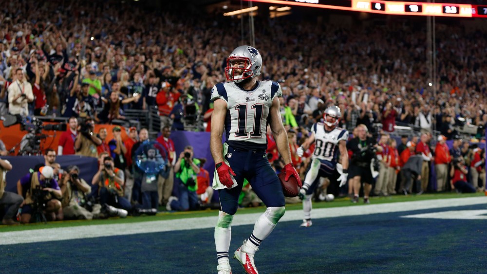 New England Patriots wide receiver Julian Edelman (11) celebrates after catching a touchdown pass against the Seattle Seahawks during Super Bowl XLIX at University of Phoenix Stadium on Feb. 1, 2015, in Glendale, Ariz.