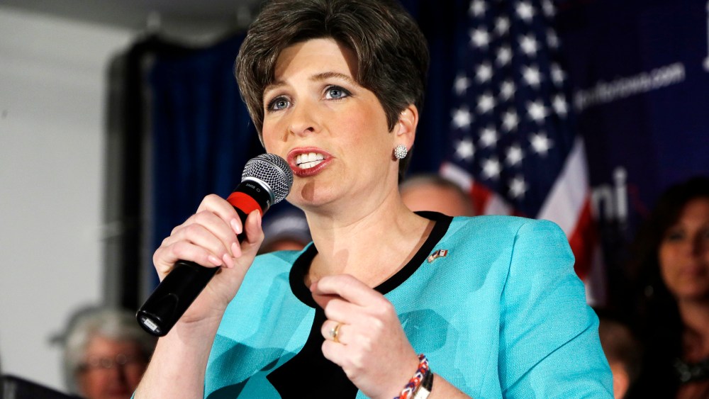 State Sen. Joni Ernst speaks to supporters at a primary election night rally after winning the Republican nomination for the U.S. Senate, June 3, 2014, in Des Moines, Iowa.