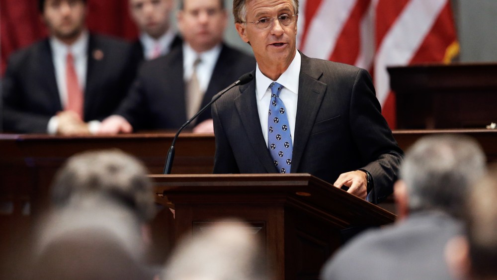 In this March 27, 2013, file photo, Gov. Bill Haslam speaks to a joint session of the Legislature in Nashville, Tenn.