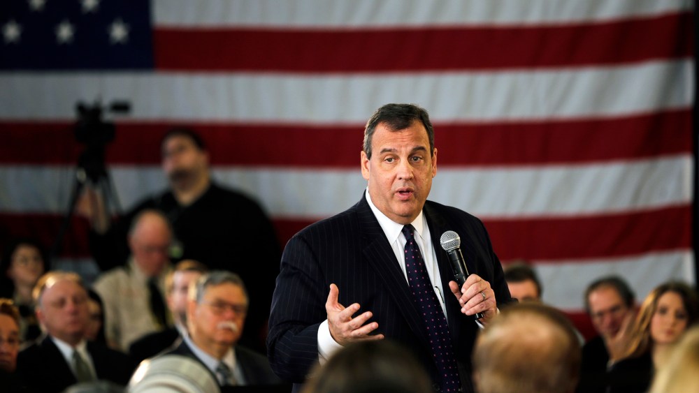New Jersey Gov. Chris Christie answers a question as he addresses a town hall meeting, Feb. 25, 2015, in Moorestown, N.J. (Photo by Mel Evans/AP)