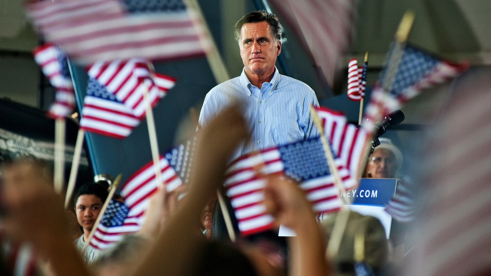 Mitt Romney addresses the audience at a GOP rally in Virginia Beach, Va., Sept. 8, 2012.