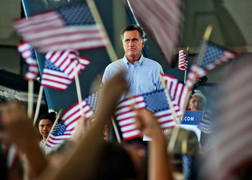 Mitt Romney addresses the audience at a GOP rally in Virginia Beach, Va., Sept. 8, 2012.