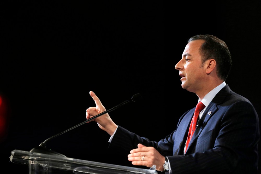 Chairman of the Republican National Committee Reince Priebus addresses an audience at the National Association of Black Journalists convention, July 31, 2014, in Boston, Mass. (Photo by Steven Senne/AP)