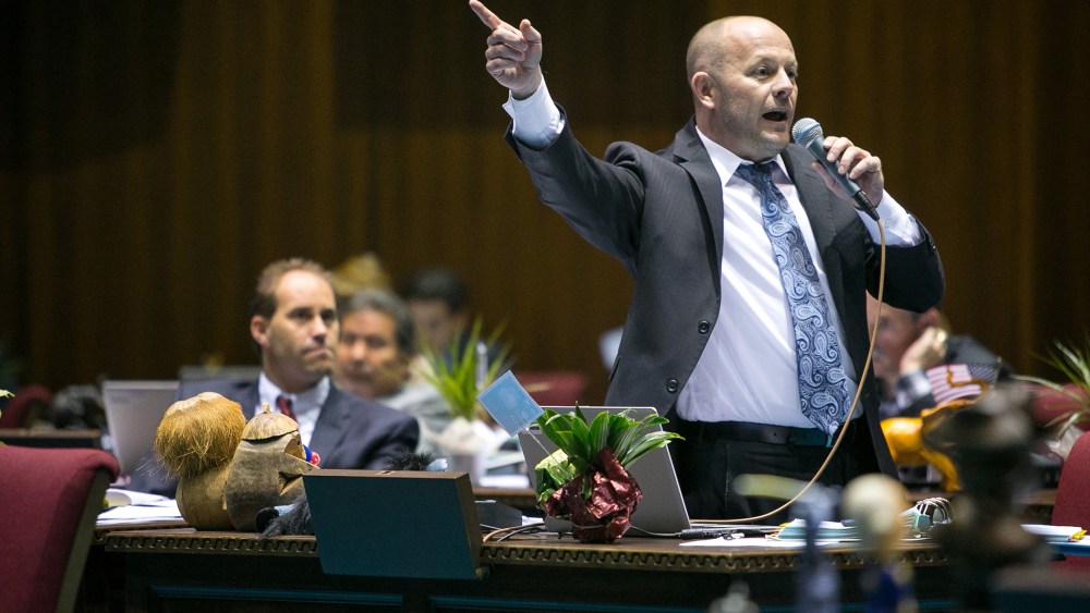 House Minority Leader Chad Campbell, (D) Phoenix, argues that House Bill 2153 would discriminate against gays and others on the House Floor in Phoenix on Feb. 20, 2014.
