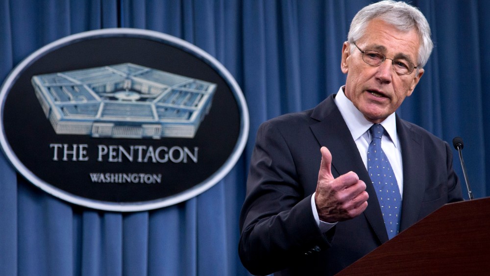 Defense Secretary Chuck Hagel briefs reporters, Feb. 24, 2014, at the Pentagon.