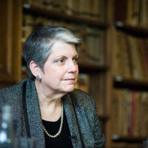 Janet Napolitano, President of University of California, speaking at Oxford Union, Oxford, Britain, Feb. 23, 2016. (Photo by Rex Features/AP)