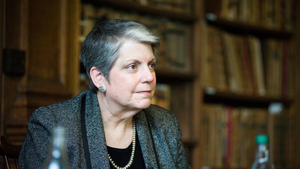 Janet Napolitano, President of University of California, speaking at Oxford Union, Oxford, Britain, Feb. 23, 2016. (Photo by Rex Features/AP)