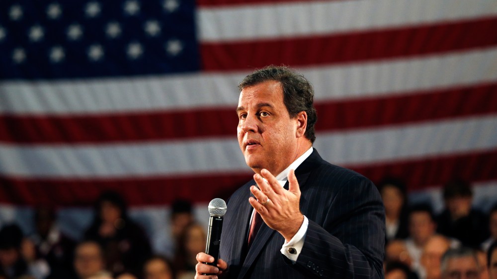 New Jersey Gov. Chris Christie talks during a town hall meeting at Winston Churchill Elementary School, April 9, 2014, in Fairfield, N.J.