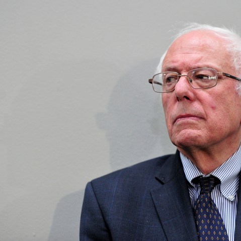 U.S. Sen. and presidential candidate Bernie Sanders listens to one of the speakers after making remarks at the Conference on the Greek debt crisis in Washington, DC, July 30, 2015. (Photo by Ron Sachs/picture-alliance/dpa/AP)