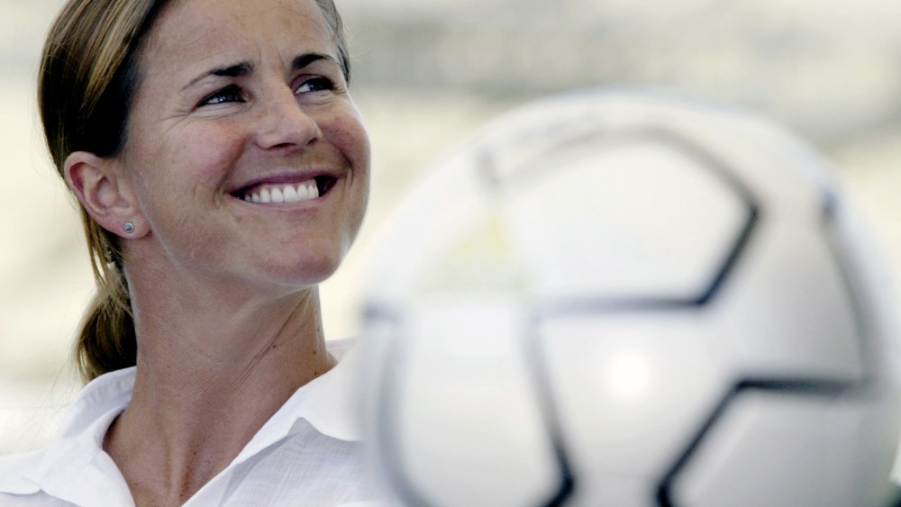 In this May 13, 2004 file photo, San Jose CyberRays soccer star Brandi Chastain is shown during a news conference in Carson, Calif. (Photo by Nick Ut/AP)