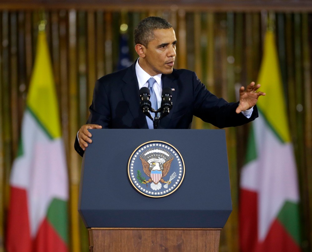 US President Barack Obama speaks at Yangon University’s Convocation Hall, in Yangon, Myanmar, Monday, Nov. 19, 2012. (AP Photo/Pablo Martinez Monsivais)