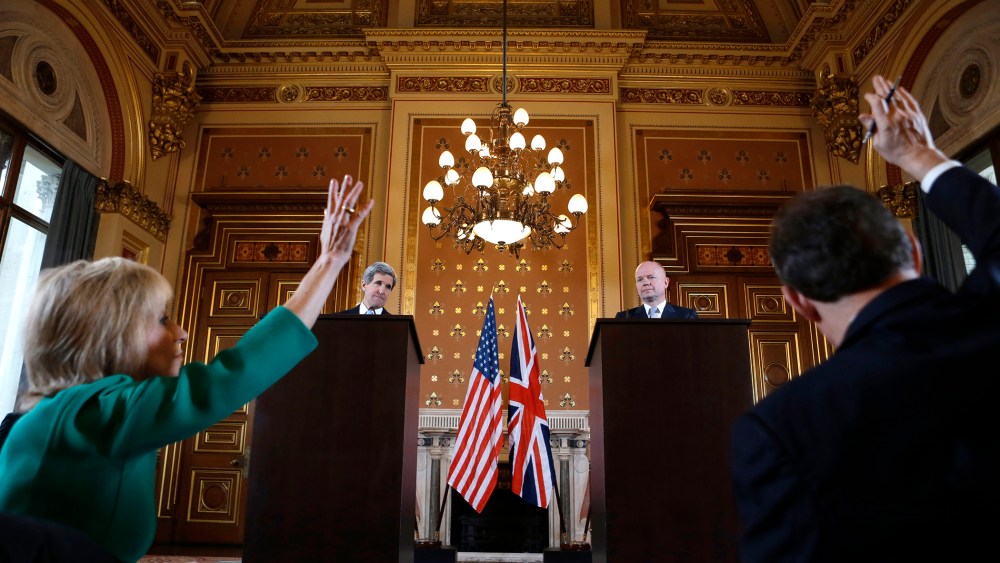 Andrea Mitchell asks a question as U.S. Secretary of State John Kerry holds a news conference at the Foreign and Commonwealth Office in London, Feb. 25, 2013.