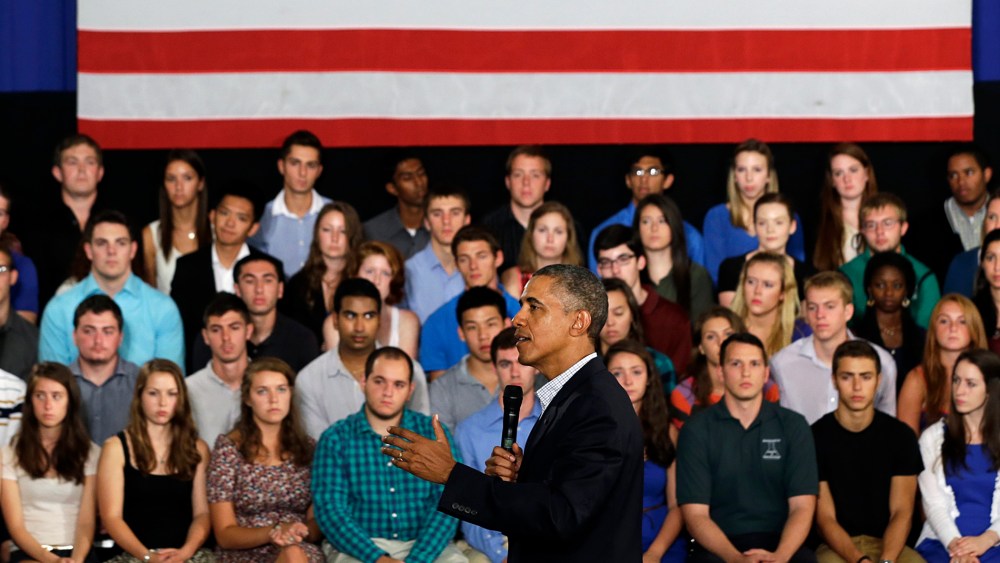 President Barack Obama speaks about affordable college education during a town hall meeting at Binghamton University on Aug. 23, 2013, in Vestal, N.Y.