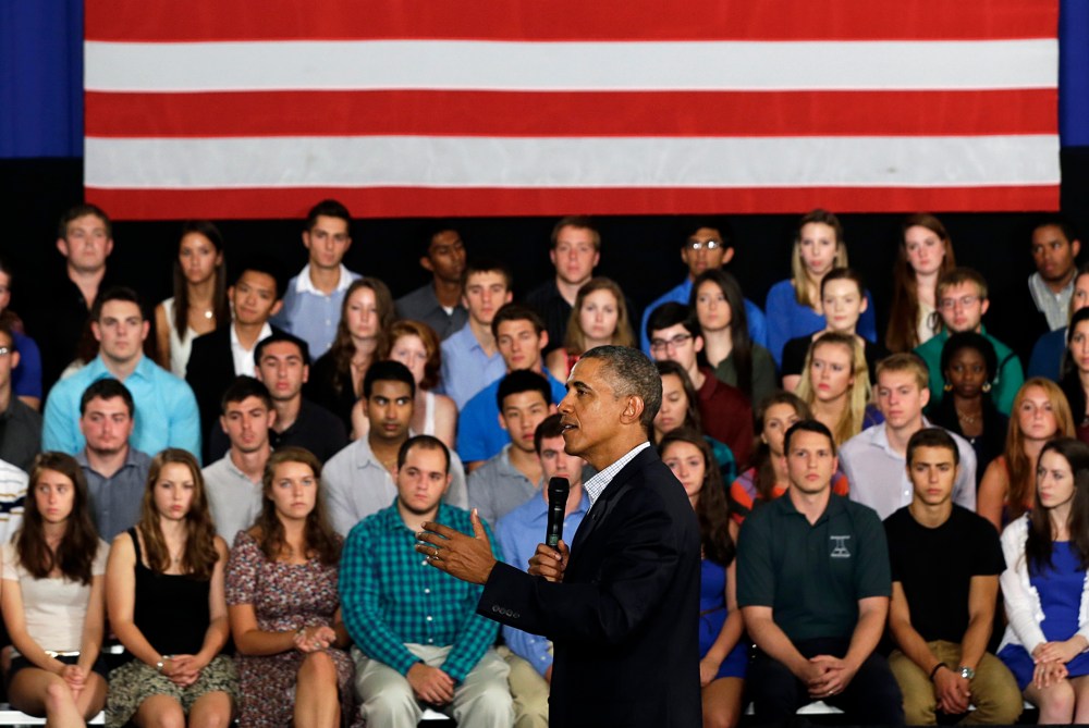 President Barack Obama speaks about affordable college education during a town hall meeting at Binghamton University on Aug. 23, 2013, in Vestal, N.Y.