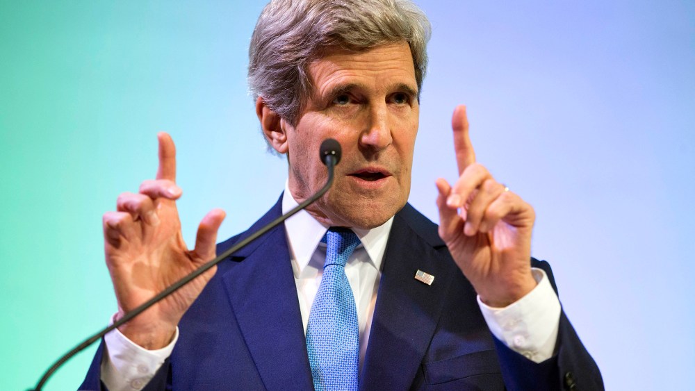 Secretary of State John Kerry gestures during a speech on climate change, Feb. 16, 2014.