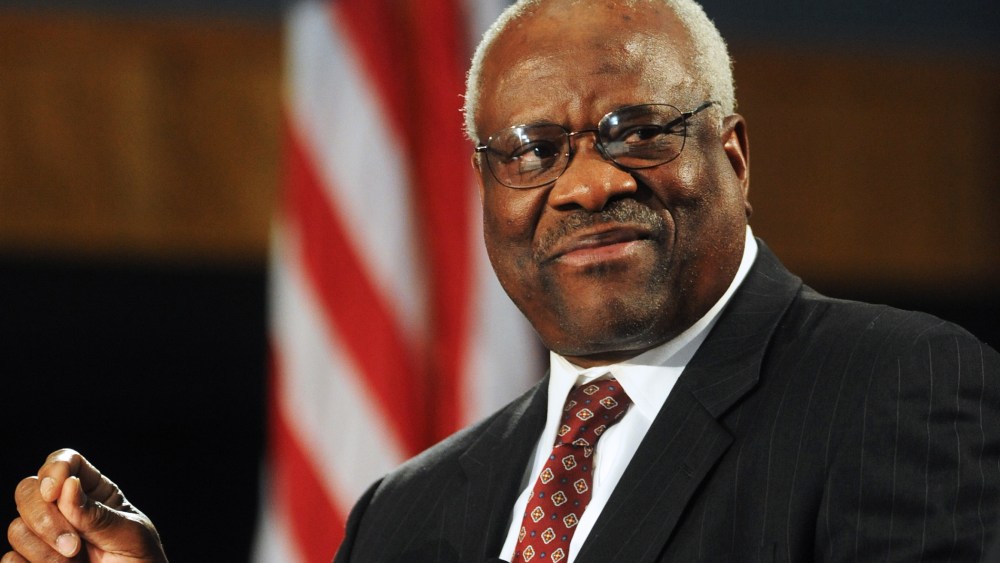 Supreme Court Justice Clarence Thomas is on stage at the Duquesne University School of Law in Pittsburgh, April 9, 2013.