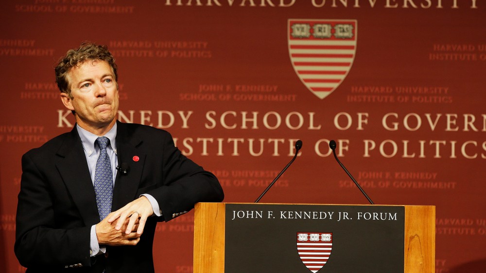 Rand Paul pauses during his public address at the John F. Kennedy Jr. Forum Institute of Politics in Cambridge, Mass, Apr. 25, 2014.