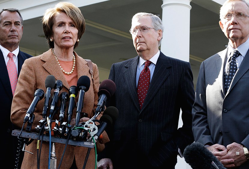 In this Nov. 16, 2012, file photo House Minority Leader, Nancy Pelosi (D-CA), second from left, House Speaker,John Boehner (R-OH), Senate Minority Leader, Mitch McConnell (R-KY), and Senate Majority Leader, Harry Reid (D-NV), speak to reporters outside...