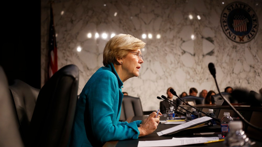 Sen. Elizabeth Warren questions Treasury Secretary Jacob Lew as he testifies before the Senate Banking, Housing and Urban Affairs committee on Capitol Hill in Washington, D.C. on June 25, 2014.