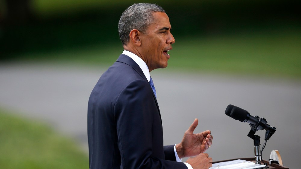 President Barack Obama talks about his administration's response to a growing insurgency foothold in Iraq, Friday, June 13, 2014, on the South Lawn of the White House in Washington, prior to boarding the Marine One Helicopter for Andrews Air Force Base, M