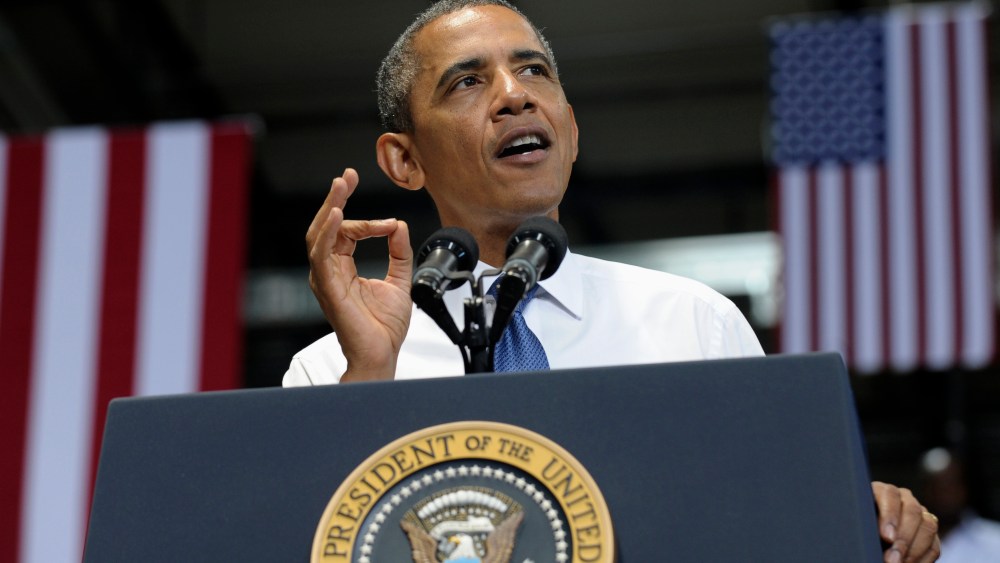 President Barack Obama gestures as he speaks at the Amazon fulfillment center in Chattanooga, Tenn., Tuesday, July 30, 2013. Obama came to Chattanooga to give the first in a series of policy speeches on his proposals for private sector job growth and...