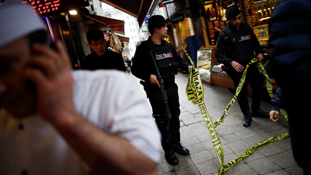 Security forces secure the area near the scene of an explosion in Istanbul, Turkey, March 19, 2016. (Photo by Emrah Gurel/AP)