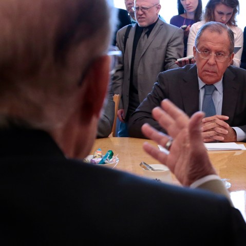 Russian Foreign Minister Sergey Lavrov listens to Qadri Jamil, former deputy prime minister representing Syria's opposition Popular Front of Change and Liberation during a meeting in Moscow, Russia, Aug. 31, 2015. (Photo by Ivan Sekretarev/AP)