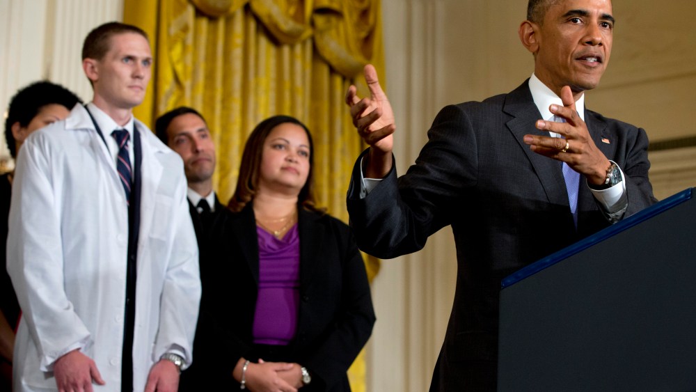 President Barack Obama speaks at an event with American health care workers fighting Ebola, Oct. 29, 2014. (Jacquelyn Martin/AP)