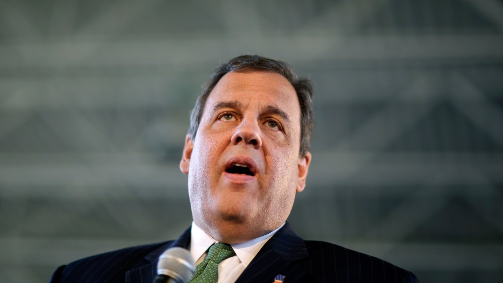 New Jersey Gov. Chris Christie addresses a gathering at a town hall meeting, March 17, 2015, in Freehold, NJ. (Photo by Mel Evans/AP)