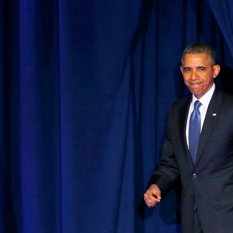 Barack Obama arrives to speak about NSA surveillance, Jan. 17, 2014.