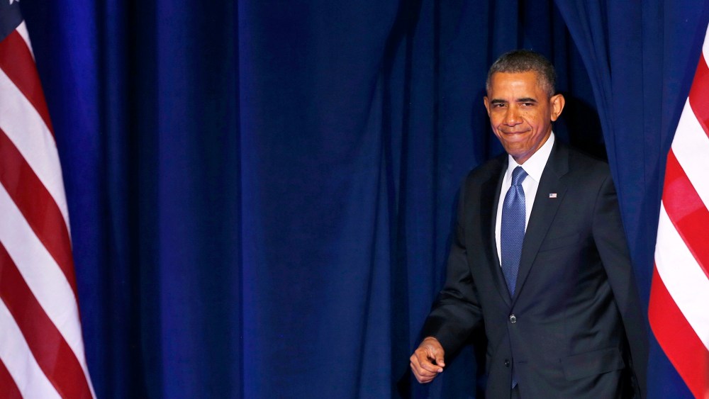 Barack Obama arrives to speak about NSA surveillance, Jan. 17, 2014.