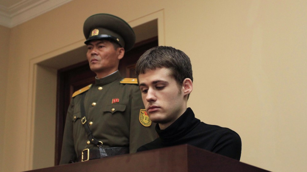 Matthew Miller, a U.S. citizen, sits on the dock at the Supreme Court during his trial in Pyongyang, North Korea, Sept. 14, 2014.